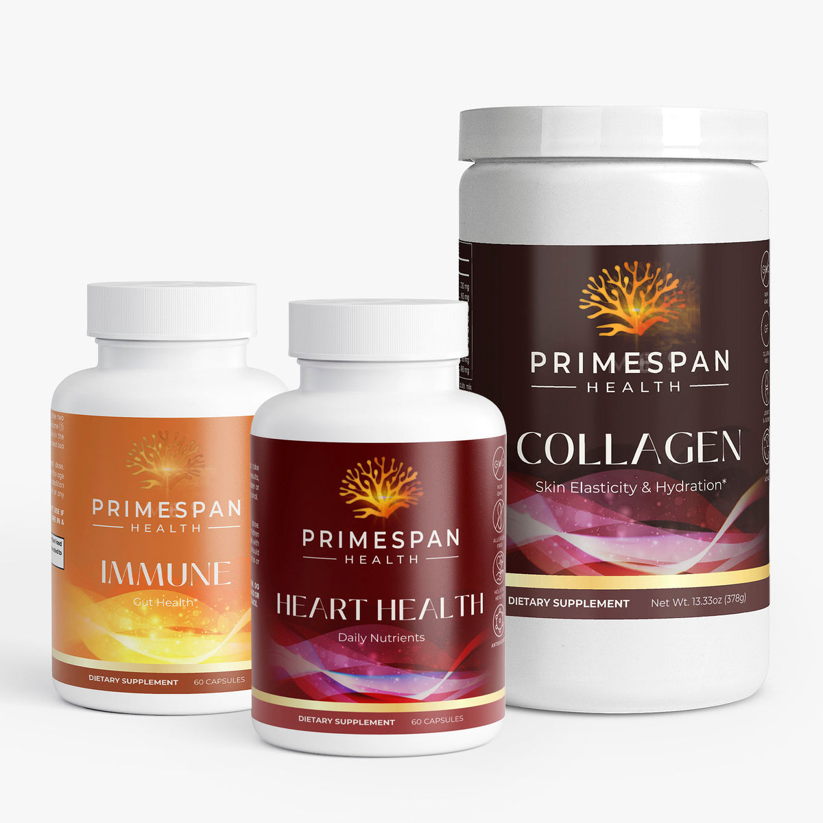 PrimeSpan Health Beauty From Within Bundle showcasing three supplement containers for immune function, heart health, and collagen peptides.