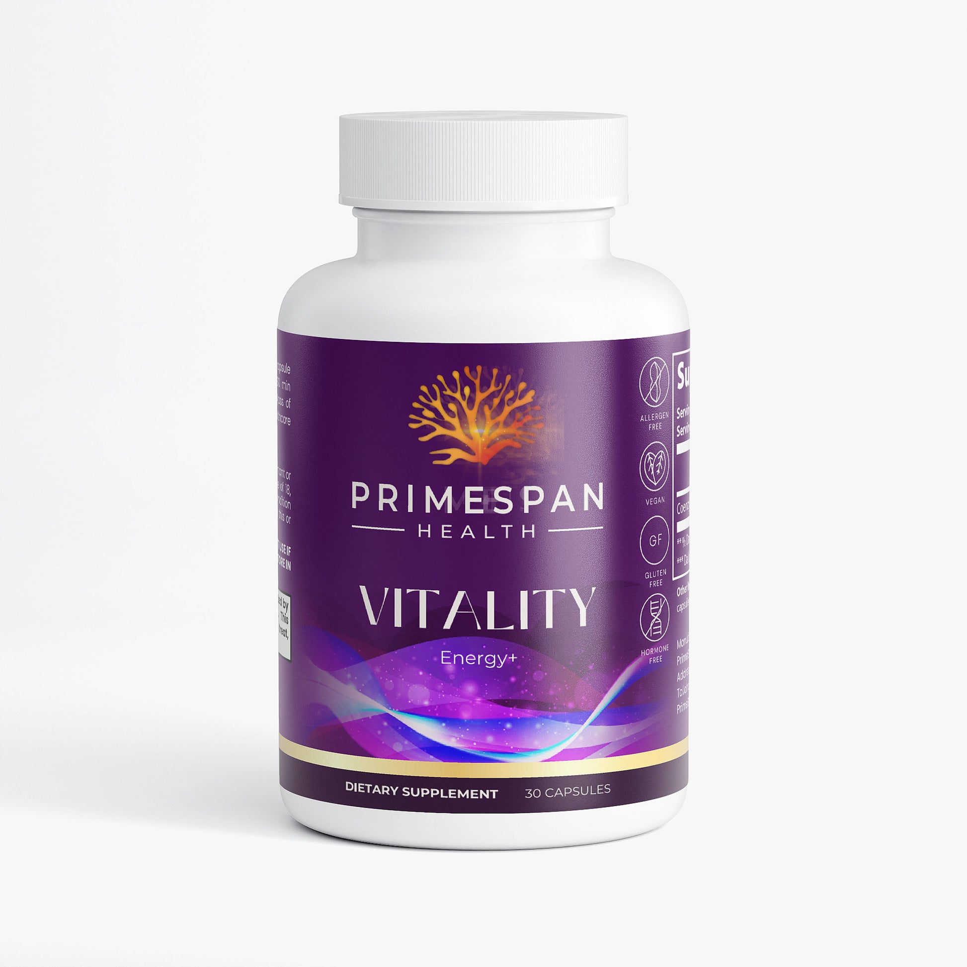 Front view of PrimeSpan Health Vitality Coenzyme Q10 dietary supplement bottle.