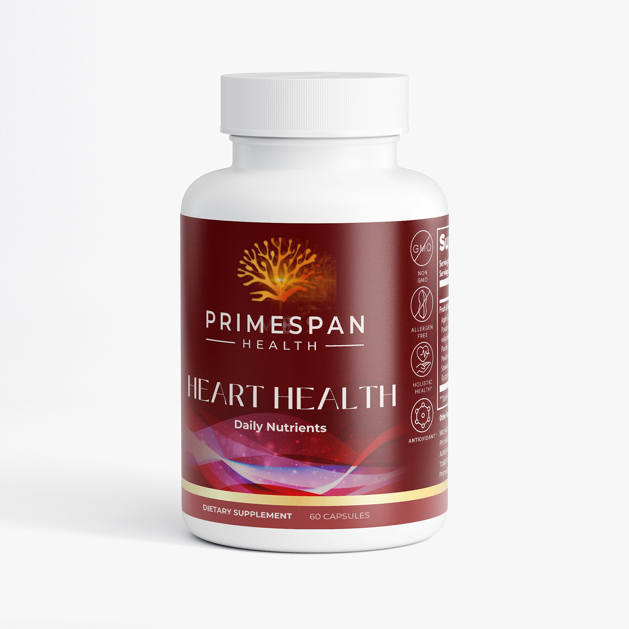Front view of PrimeSpan Health Heart Health daily nutrients dietary supplement bottle.