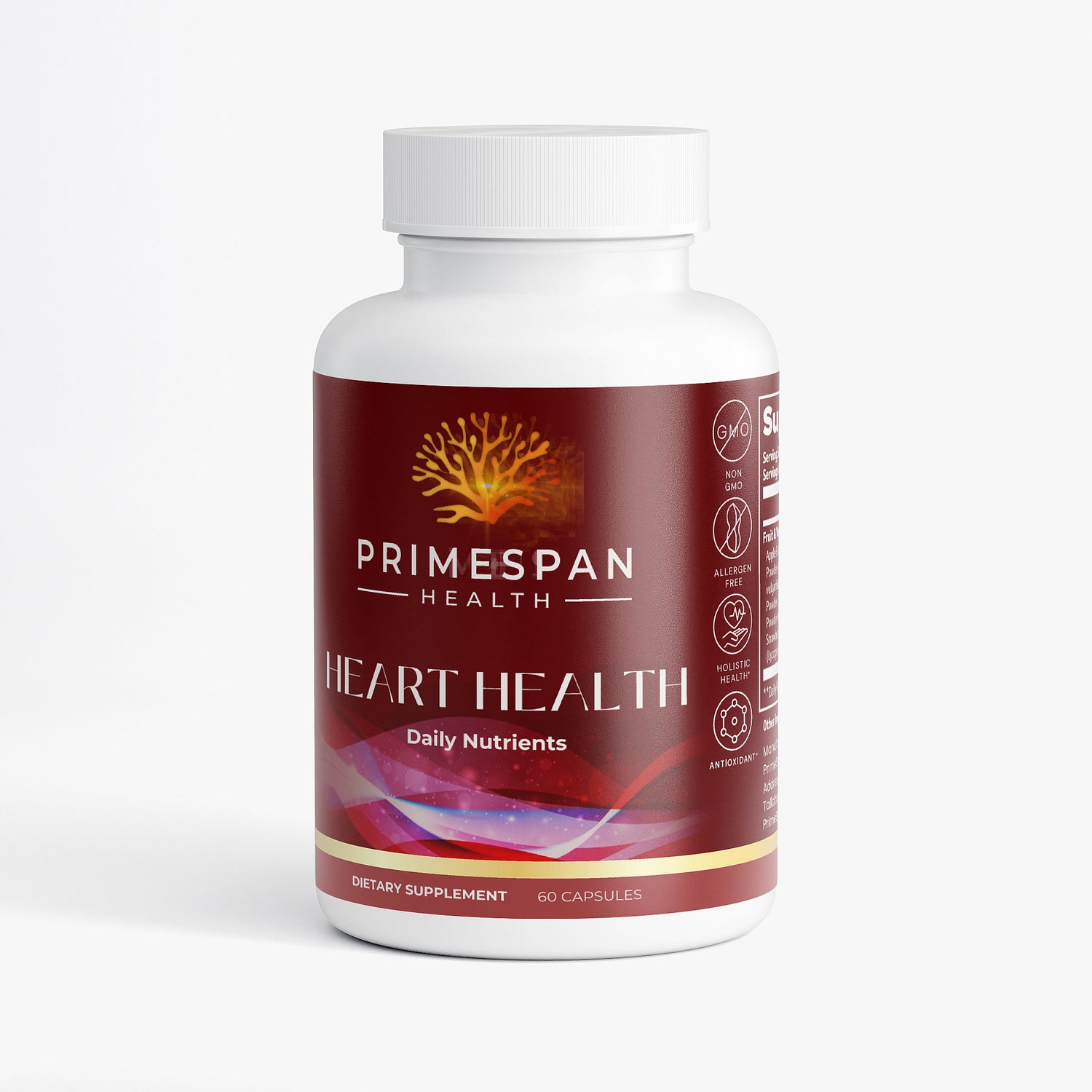 Front view of PrimeSpan Health Heart Health daily nutrients dietary supplement bottle.
